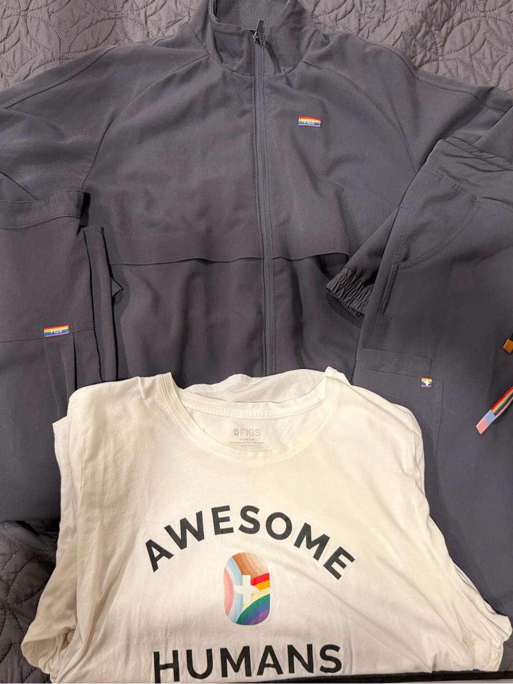 Figs Gray Pride Jacket & Joggers with White 'Awesome Humans' Tee